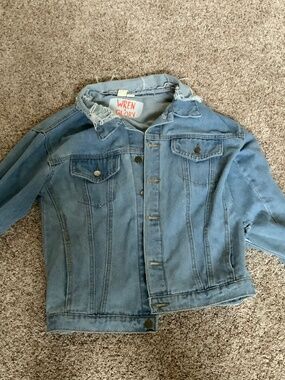 Custom Wren & Glory Love jean jacket with slits at elbows